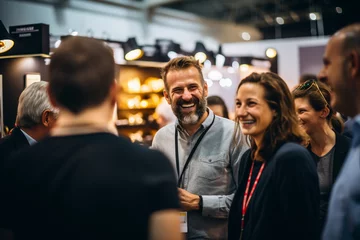 Foto op Plexiglas Close up picture of a happy and laughing staff or participant people group listening to a startup business owner at a trade show exhibition event. Generative AI. © Surachetsh