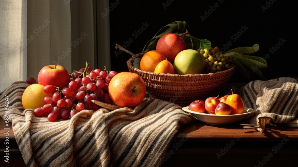 Poster A rustic still life showcasing fresh, ripe fruit on a wooden table. Generative AI.