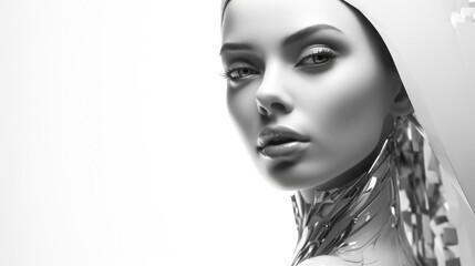 A futuristic black and white portrait of a woman. Generative AI.