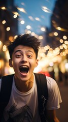 A surprised young man with an open mouth in the city. Generative AI.