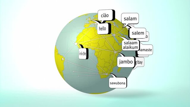 Hello in many different languages loop. Speech bubbles pop up around globe. World wide communications, social networking concepts.
