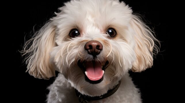 A white dog with its tongue out on a black background. Generative AI.
