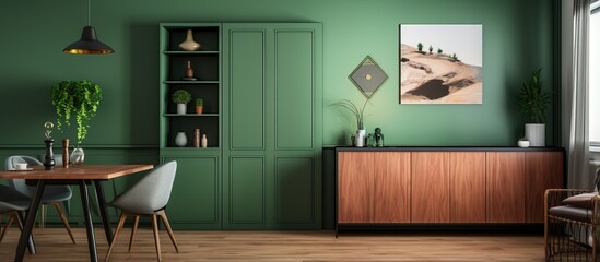 Small dining table in center of wood floored living room with green cabinet
