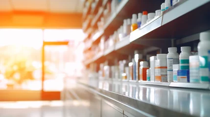 Foto op Canvas A drug store with medicine bottles lined up beautifully on the shelves. on a blurred background Concept of selling medicines, medical supplies, dietary supplements, medical equipment Close-up photo © Paveena yodlee