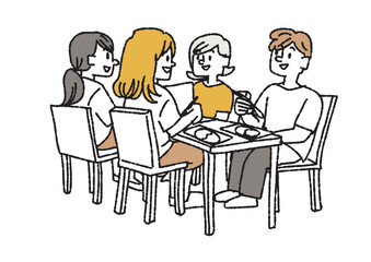 学食で食事をしている学生たちのイラスト　コミカルな手書きの人物　ベクター、線画にカラー