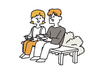 交流している学生たちのイラスト　コミカルな手書きの人物　ベクター、線画にカラー