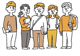 5人並んで立っている学生たちのイラスト　コミカルな手書きの人物　ベクター、線画にカラー