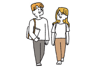 Fototapeta premium 二人並んで歩いている学生のイラスト コミカルな手書きの人物 ベクター、線画にカラー