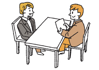 面接を受けている男性のイラスト　コミカルな手書きの人物　ベクター、線画にカラー