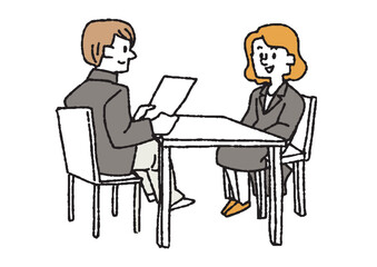 面接を受けている女性のイラスト　コミカルな手書きの人物　ベクター、線画にカラー
