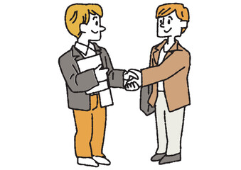 握手をしている二人のビジネスマンのイラスト　コミカルな手書きの人物　ベクター、線画にカラー