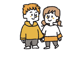 手を繋いでいる二人の子供たちのイラスト　コミカルな手書きの人物　ベクター、線画にカラー