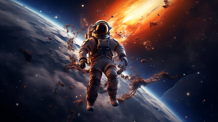 Astronaut floating in the space photo illustration, with moon and planet background, galaxy theme,...