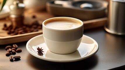 Fototapeta premium A realistic photograph of macro coffee in a cup from a coffee machine, fresh, aroma and relaxed, minimal concept.