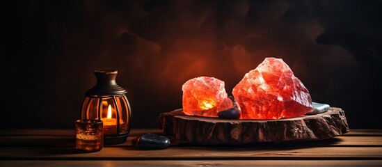 Himalayan salt lamp gives a relaxing red glow against a dark backdrop at night - obrazy, fototapety, plakaty