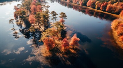 autumn forest with lake from up view generated by AI tool 