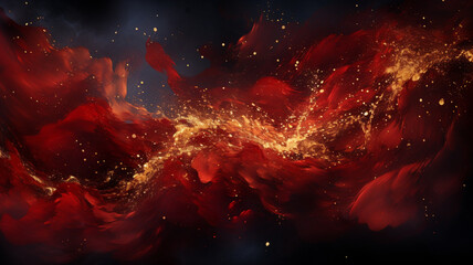 Red liquid with tints of golden glitters. Red background with a scattering of gold sparkles. Magic Galaxy of golden dust particles in red fluid with burgundy tints  - obrazy, fototapety, plakaty