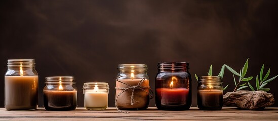 Various scented handmade soy candles in brown glass jars bring relaxation and aromatherapy to both spa and home