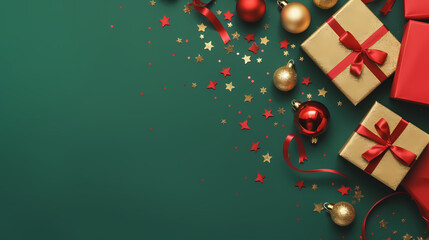 Festive anticipation captured! Top view craft paper gift boxes, red and gold baubles, Christmas tree shaped party glasses, confetti adorn a green backdrop, leaving space for your New Year's message