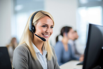 Portrait of a smiling customer service agent, little blur. Created with Generative AI