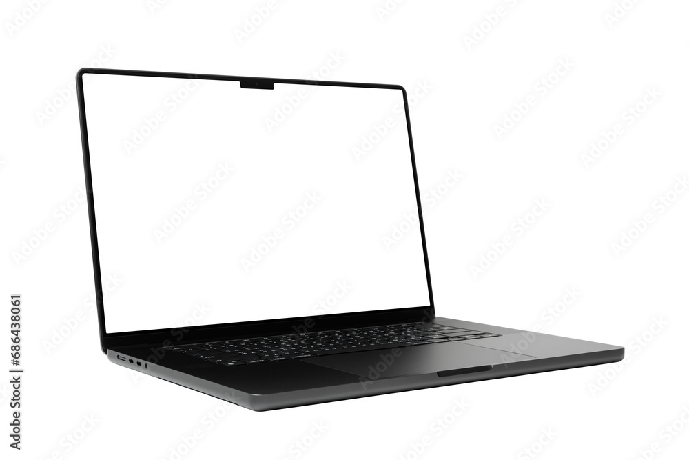 Poster laptop or notebook space black with blank screen isolated with clipping path on transparent backgrou