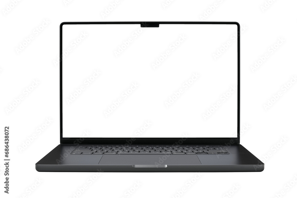 Poster laptop or notebook space black with blank screen isolated with clipping path on transparent backgrou