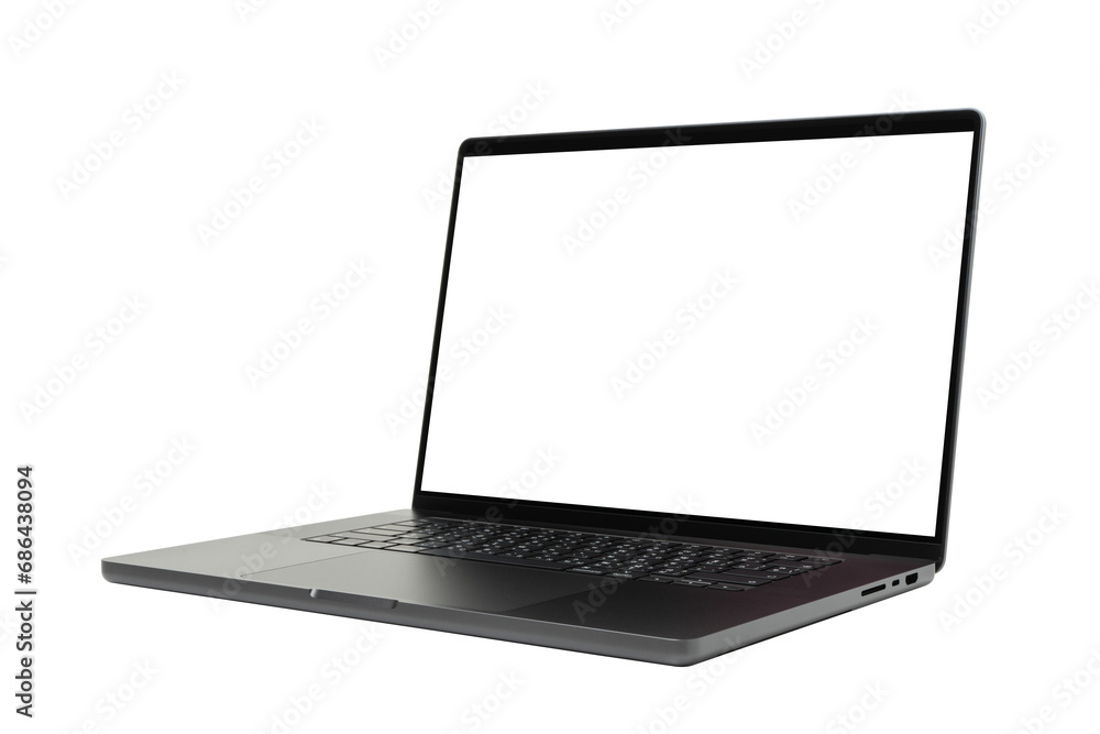 Poster laptop or notebook space black with blank screen isolated with clipping path on transparent backgrou