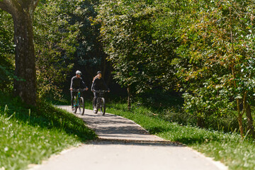 A blissful couple, adorned in professional cycling gear, enjoys a romantic bicycle ride through a park, surrounded by modern natural attractions, radiating love and happiness