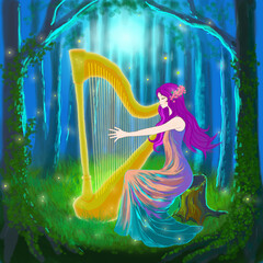 Enchanting Fairy Girl Playing the Golden Harp in the Misty Forest. Hand drawn illustration