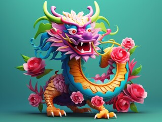 3d style minimal details Chinese Dragon figure bright colors and solid background