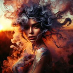 beautiful fire elemental goddess or demon burning with flames - obrazy, fototapety, plakaty
