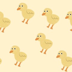 little chicken cartoon illustration seamless on bright yellow background.