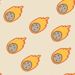 Asteroid cartoon illustration seamless on bright orange background.