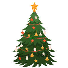 Christmas tree with Xmas star decoration. Green fir or pine, decorated with garland and bells