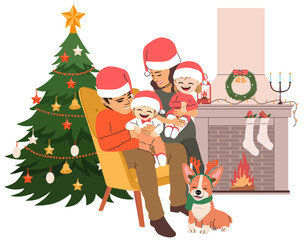 Obraz na płótnie Canvas Happy Family On Christmas Indoors Illustration. Mother, father, brother, sister and pet dog celebrating xmas holiday together