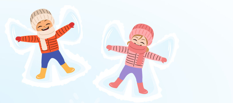 Children making snow angels banner design. Family spends time together on winter season activities сartoon flat vector illustration