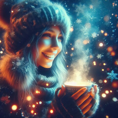 Snowy holiday happy winter Christmas girl portrait with a cup of tea / coffee - obrazy, fototapety, plakaty