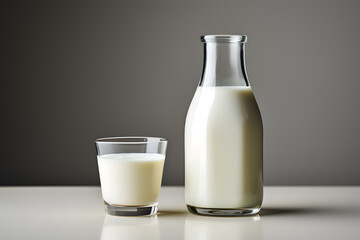 Bottle and glass with milk on a table, with copy space