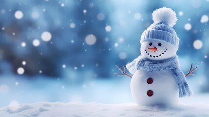 Little snowman in the blurred snow background banner,Christmas background