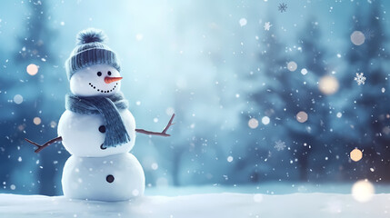 Obraz premium Little snowman in the blurred snow background banner,Christmas background