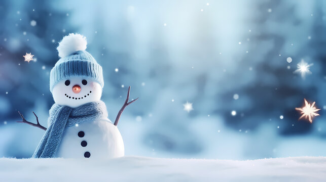 Little snowman in the blurred snow background banner,Christmas background