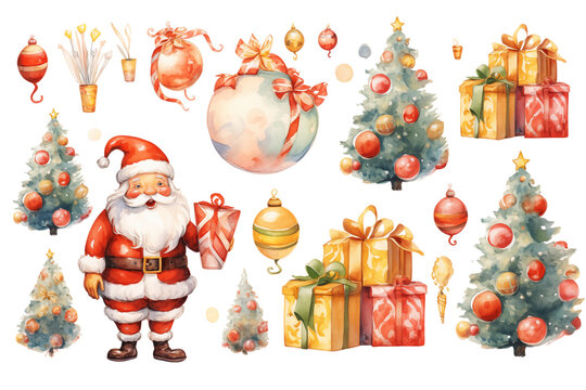 merry christmas set cartoon 2d with water color painting Generative ai