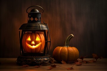 A spooky pumpkin lantern with a lit candle for Halloween. Generative AI