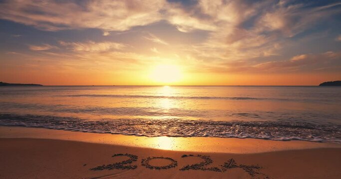 Inspiring morning on tropical beach and rising sun over sea horizon 2024 year