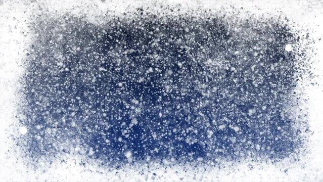 Snow background loop with icy grunge window texture. Winter, Christmas.