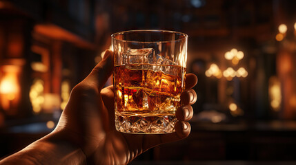 Hand holding whiskey glass. Concept of Whiskey Enjoyment and Relaxation, Savoring Fine Spirits, Sophisticated Drinking Experience.