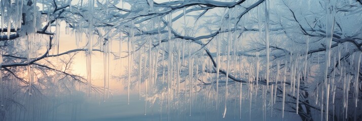 Enchanting Winter's Embrace: A Panoramic View of Delicate Silver Icicles Clinging to Frosted Blue Branches in the Serene Twilight