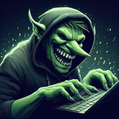 illustration of an internet troll wearing hoodie and using keyboard - obrazy, fototapety, plakaty
