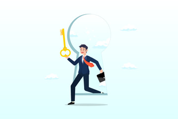 Businessman open door from keyhole to offer secret golden unlock key, success secret key discovery, job offer or career opportunity, unlock key to solve problem, leadership key success (Vector)