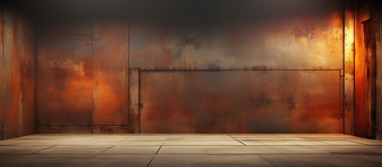 Abstract architectural background with illustration and rendering of a sheet of rusted metal in an empty room